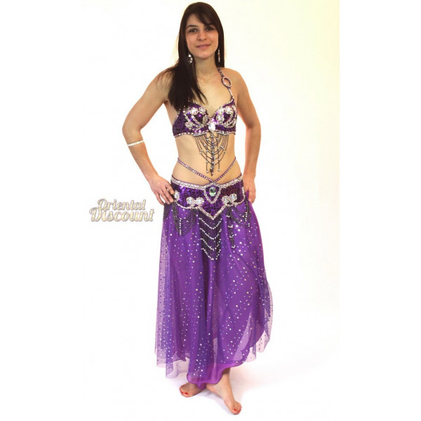 Costume de danse orientale complet violet et strass